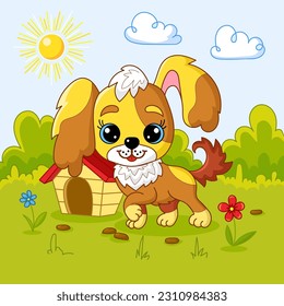 Cartoon cute puppy in the backyard. Courtyard landscape with trees, bushes, green grass and a doghouse. For the design of children's prints, posters and so on.Vector illustration