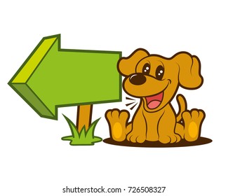 Cartoon Cute puppy barking and sitting beside arrow signboard, dog vector character illustration