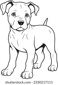 Caricatura Cute Cuppy Coloring Page for Kids. Perro bebé. American Staffordshire Terrier. Ilustración vectorial en blanco y negro para libro de colorantes