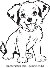 Cartoon Cute Puppy Coloring Page for Kids. Baby dog. Australian Shepherd. Black and white vector illustration for coloring book