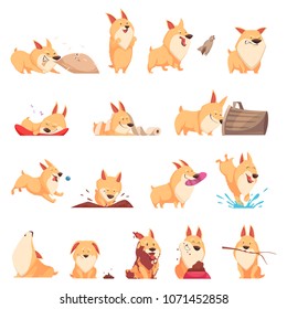 Cartoon cute puppy set of different situations including sleep, eating, howl, walking and pranks isolated vector illustration  