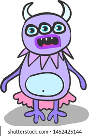 A cartoon of a cute purple and pink monster with 3 eyes, vector, color drawing or illustration.