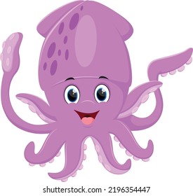 Cartoon cute purple squid isolated on white background