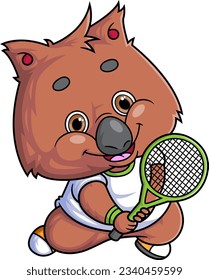 cartoon cute quokka character playing tennis on white background of illustration