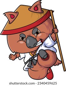 cartoon cute quokka fighter holding stick of illustration