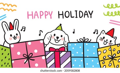 Cartoon cute rabbit anddog and cat, Christmas template.