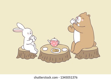 Cartoon cute rabbit and bear tea time vector.