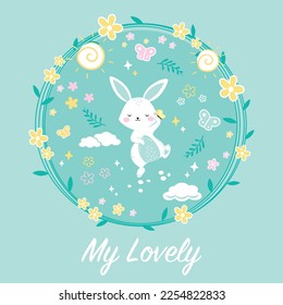 Cartoon cute rabbit bunny with cloud, flower and butterfly. Vector childish illustration. Suitable for printing on  card, nursery, kids apparel.