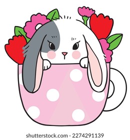 Caricatura lindo conejo y vector de flores.	
