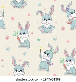 Cartoon cute Rabbit Seamless Vector Pattern. Gray rabbit with red carrot Children's fashionable fabric, prints, t-shirt Print design.