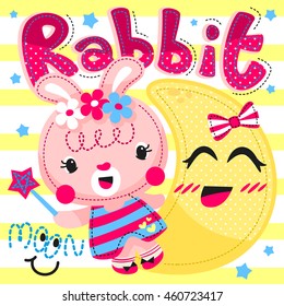 Cartoon cute rabbit with the smiling moon on yellow and white striped background illustration vector.