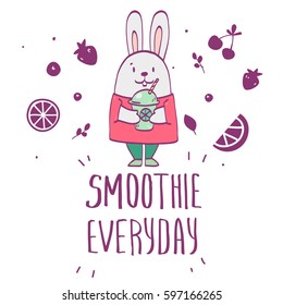 Cartoon cute rabbit with smoothie to go cup with fruits cocktail drink. Vector illustration