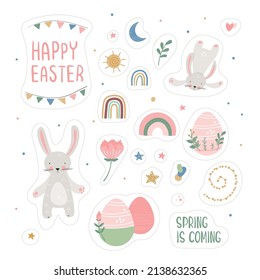 Caricatura lindos pegatinas de conejo. Vector Bunny con huevo y arco iris