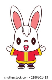 Cartoon cute rabbit wearing chinese costume. Chinese New Year 2023. Year of the rabbit zodiac illustration