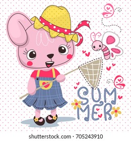 Cartoon cute rabbit wearing summer dress and hat holding butterfly catcher with butterflies on pink polka dots background illustration vector.