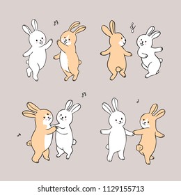 Cartoon cute rabbits dancing vector.