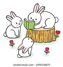 Cartoon cute rabbits reading book vector.