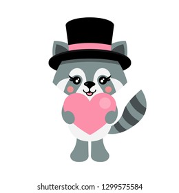 cartoon cute raccoon with hat and heart