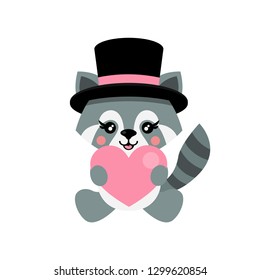 cartoon cute raccoon with hat and heart sits