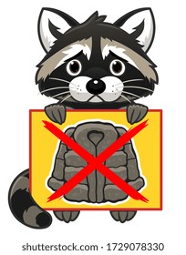 Cartoon cute raccoon holds poster with a crossed fur coat.