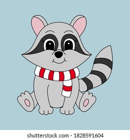 Cartoon cute raccoon in a scarf. Vector illustration for children.