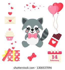 cartoon cute raccoon with tie sits and valentines day element