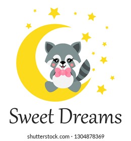 cartoon cute raccoon with tie sits on the moon and text