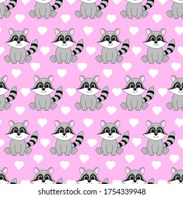 Cartoon cute raccoon. Vector illustration for children. Seamless pattern.