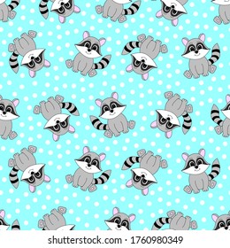 Cartoon cute raccoon. Vector illustration for children. Seamless pattern.