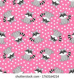 Cartoon cute raccoon. Vector illustration for children. Seamless pattern.