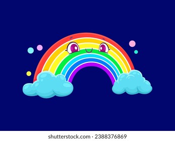 Cartoon cute rainbow weather character. Isolated vector cheerful, whimsical colorful arch personage with blue fluffy clouds, kawaii smiling face, vibrant hues and mischievous face expression