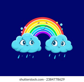 Cartoon cute rainbow weather characters. Vector cheerful, whimsical blue rainy clouds with smiling faces and colorful arch with vibrant hues and mischievous expression personages for the forecast