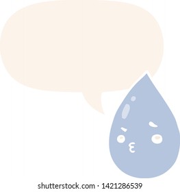 cartoon cute raindrop with speech bubble in retro style