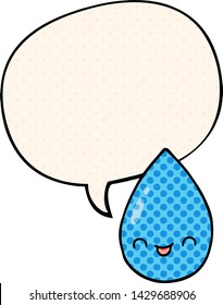 cartoon cute raindrop with speech bubble in comic book style