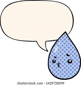 cartoon cute raindrop with speech bubble in comic book style