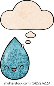 cartoon cute raindrop with thought bubble in grunge texture style
