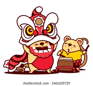 Cartoon cute rat enjoy with lion dance and cute rat playing drum. Chinese New Year 2020 - vector 