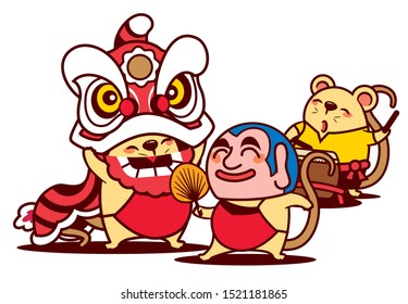 Cartoon cute rat enjoy lion dance with big head buddha and cute rat playing drum. Chinese New Year 2020 - vector 