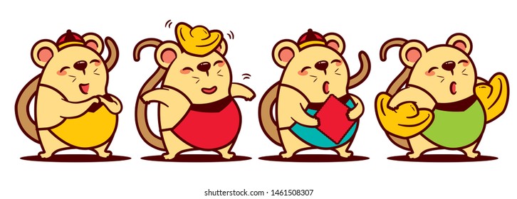 Cartoon cute rat mascot set. Cartoon cute rat greetings gong xi fa cai. Cute rat holdings Chinese golds. Cute rat holding red calligraphy paper. Chinese new year 2020. - Vector