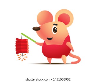 Cartoon cute rat playing firecracker. 2020 Chinese New Year 2020 -  vector illustration isolated