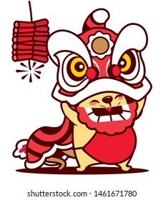 Cartoon cute rat playing lion dance with Chinese New Year firecracker isolated  -  vector 