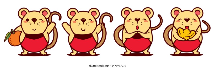 Cartoon cute rat set with Chinese Dodou costume. Chinese New Year. The year of rat. - Vector