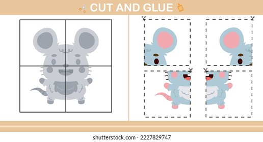 cartoon cute rat.education paper game for kindergarten and preschool.cut and glue game