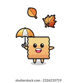 cartoon of the cute raw instant noodle holding an umbrella in autumn , cute style design for t shirt, sticker, logo element