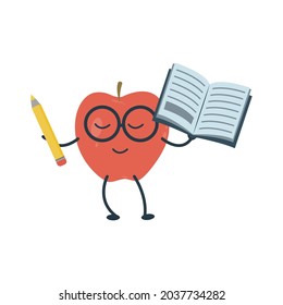 Caricatura de un lindo estudiante de manzana roja usando gafas. De vuelta a la escuela. manzana inteligente. Ilustración vectorial.