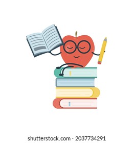 Cartoon cute red apple student wearing glasses. Back to school. Smart apple. Vector illustration.