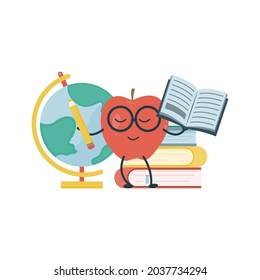 Cartoon cute red apple student wearing glasses. Back to school. Smart apple. Vector illustration.
