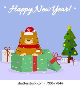 Cartoon cute red cat, Santa hat, sits in a Christmas gift box and Christmas card, isolated on a blue background. Flat design, vector illustration.