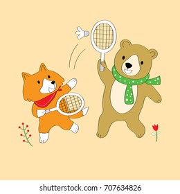 Cartoon cute red fox and brown bear playing badminton vector.
