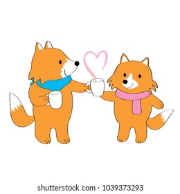 Cartoon cute red fox gives coffee to a friend vector.